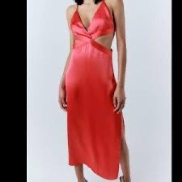 Zara Satin Effect Cut Out Midi Dress Coral Pink - Picture 10 of 10